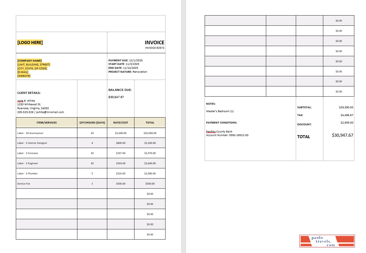 Service Tax Calculation Invoice Template PSD template